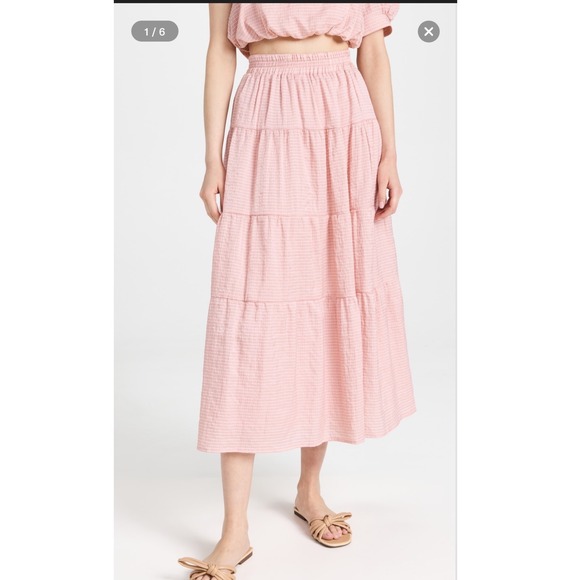 EN SAISON | Peach Pink Sparkle Tiered Boho Feminine Stripe Midi Skirt, Size S - Picture 9 of 9